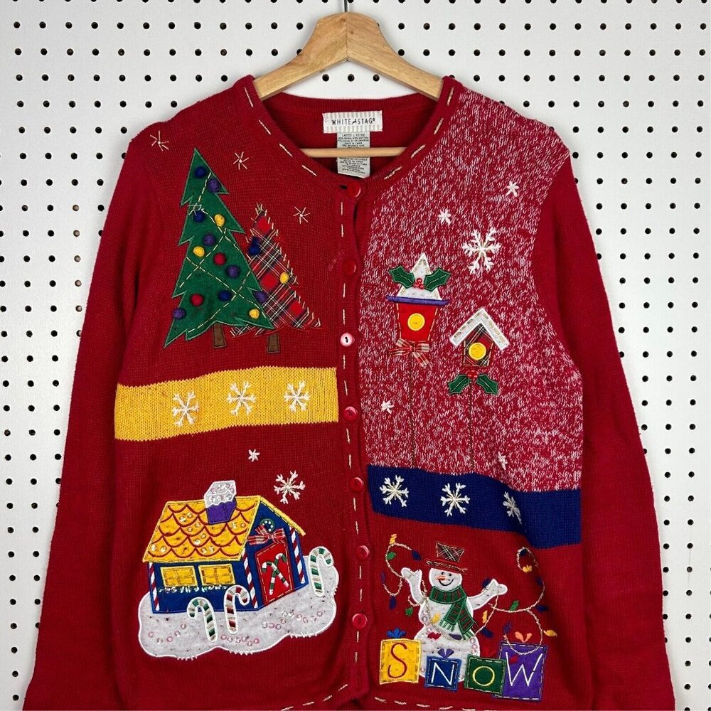 Vintage Christmas Holiday Cardigan Sweater Women's Large Red Buttonβ Grandma 90s